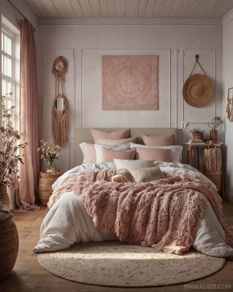 Here's a guide to incorporating dusty pink into your bedroom decor with 35 modern bedroom decor ideas to surprise you! #pinkbedroom #interior Ideas for: light pink bedrooms, grey and pink bedroom ideas, blue and pink bedroom, green and pink bedroom, pink bedroom aesthetic, white and pink bedroom, pink bedroom ideas, black and pink bedroom, girly pink bedroom, pink bedroom decor, sage green and pink bedroom, blush pink bedroom, dusty pink bedroom. Dusty Rose And Gold Bedroom, Pink Hygge Bedroom, Beige And Rose Gold Bedroom, Rose Bedding Aesthetic, Pink And Natural Bedroom, Rose Colored Bedroom Ideas, Dusty Rose Bedding Bedroom Ideas, Pink Scandinavian Bedroom, Dusty Pink Panelling Bedroom