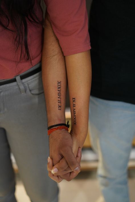 Couples Tattoos Roman Numerals, Couples Wedding Date Tattoo, Roman Date Tattoo Ideas, Couple Roman Numeral Tattoo, Tattoo For Partner Relationships, Matching Roman Numeral Tattoo Couple, Roman Numeral Couple Tattoo, Anniversary Date Tattoo Ideas Couple, Roman Numeral Tattoo Couple