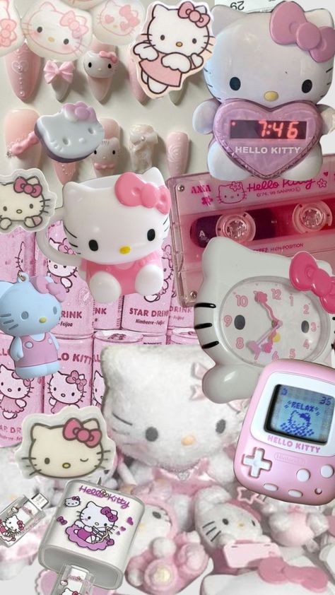 hello kitty pink aesthetic clutter background wallpaper #hellokitty #hellokittyaesthetic #sanrio #pink Y2k Wallpaper Hello Kitty, Hello Kitty Collage Wallpaper, Hellokittycore Wallpaper, Hello Kitty Pink Aesthetic, Aesthetic Clutter, Hello Kitty With Glasses, Hello Kitty Flip Phone, Kitty With Glasses, Hello Kitty Collage