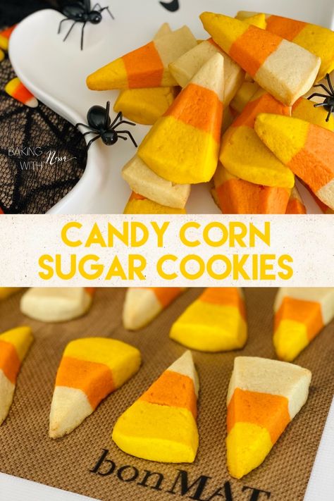 Candy Corn Sugar Cookies (Halloween) Candy Corn Cookies Easy, Sugar Cookies Halloween, Candy Corn Sugar Cookies, Candy Corn Recipe, Corn Cookies, Candy Corn Cookies, Cookies Halloween, Candy Corn Halloween, Halloween Sugar Cookies