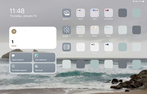 Ipad Homescreen Horizontal, Minimalist Ipad Layout, Ipad Homescreen Ideas Student, Ipad Set Up Ideas Homescreen School, Ipad Homescreen Ideas For School, Minimalist Ipad Homescreen Layout, Extra Large Widget Ipad, Ipad Ios 17 Homescreen, Productive Ipad Homescreen