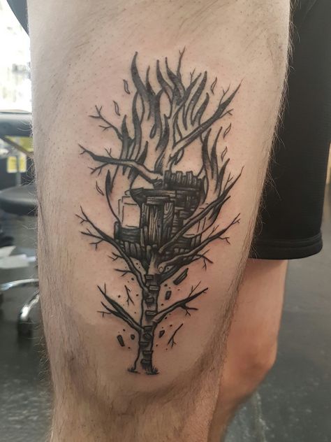 Burning treehouse by Joseph Harper @ Parliament Tattoo London UK Burning Tree Tattoo, Tree On Fire Tattoo, Treehouse Tattoo, On Fire Tattoo, Twenty One Pilots Tattoo, Pilot Tattoo, Gecko Habitat, Tattoo Board, Chicano Tattoo