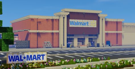 Realistic Walmart Minecraft Project Minecraft Walmart Building, Super Market Minecraft, Realistic Minecraft Builds, Realistic Minecraft Houses, Minecraft Walmart, Store Minecraft, Minecraft Stores, Blueprints Minecraft, City Minecraft