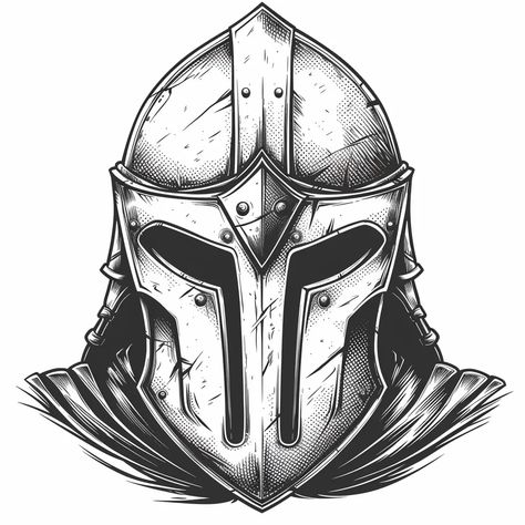 Midjourney AI Image: A black and white comic book illustration of a front-facing medieval helmet, clean and sharp against... → more in ai-img-gen.com Knight Helmet Tattoo Design, Knights Helmet Drawing, Knight Helmet Illustration, Fantasy Helmet Art, Medieval Helmet Design, Knight Helmet Art, Knight Helmet Drawing, Knight Helmet Design, Cardboard Helmet