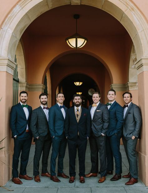 Chic Jewel-Toned Wedding with a Ceremony in the Round Wedding Party Multiple Colors, Mismatched Bridal Party Groomsmen, Fall Groomsmen, Mismatched Groomsmen, Grooms Outfits, Fall Wedding Groomsmen, Bridal Party Groomsmen, Groom And Groomsmen Suits, Groomsmen Outfits