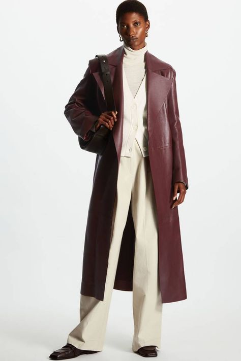 Oversized Leather Trench Coat, Burgundy Trench Coat, Burgundy Leather Jacket, Trench Coat Outfit, Coat Street Style, Great Coat, Wool Coats, Wool Coat Women, Trench Coat Men