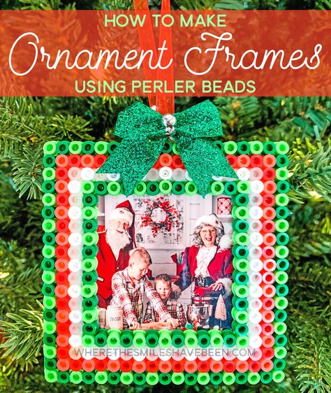 How to make Perler bead Christmas ornament frames! Melty Bead Ornaments, Pearler Bead Christmas Ornaments, Christmas Ornament Perler Beads, Peeler Bead Christmas, Perler Christmas Ornaments, Perler Bead Christmas Ornaments, Perler Ornaments, Perler Bead Christmas, Diy Photo Ornaments