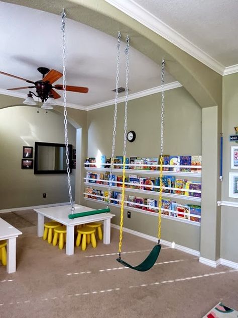 For the boat swing. How to Hang Swings Indoors www.stylewithcents.blogspot.com Indoor Trapeze, Indoor Playroom, Wall Bookshelf, Indoor Playhouse, Basement Playroom, Kids Basement, Indoor Swing, Homeschool Room, Sensory Room