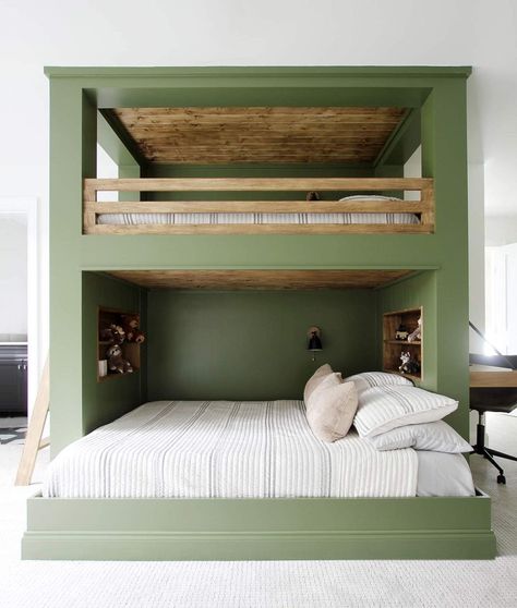 Brooke & Henry (@plankandpillow) posted on Instagram: “Here’s the green bunk bed!! If you didn’t see our stories today, Henry built this for our nephew Miles in my sister and brother-in-law’s…” • Oct 26, 2020 at 12:36am UTC Diy Bunk Beds Plans, Plank And Pillow, Bunk Bed Plan, Queen Bunk Beds, Bunk Bed Plans, Loft Bed Plans, House Bunk Bed, Diy Bunk Bed, Porch Swing Bed