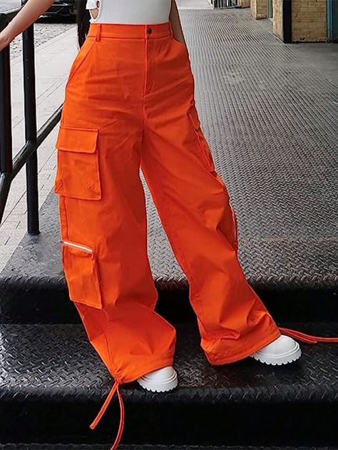 Orange Casual Collar  Woven Fabric Plain Cargo Pants Embellished Non-Stretch  Women Clothing Cargo Pants Outfit Street Style, Orange Pants Outfit, Cargo Pants Outfit Black, Softgirl Outfits, Orange Clothes, Cargo Pants Outfit Men, Cargo Pants Outfits, Grey Cargo Pants, Fire Orange