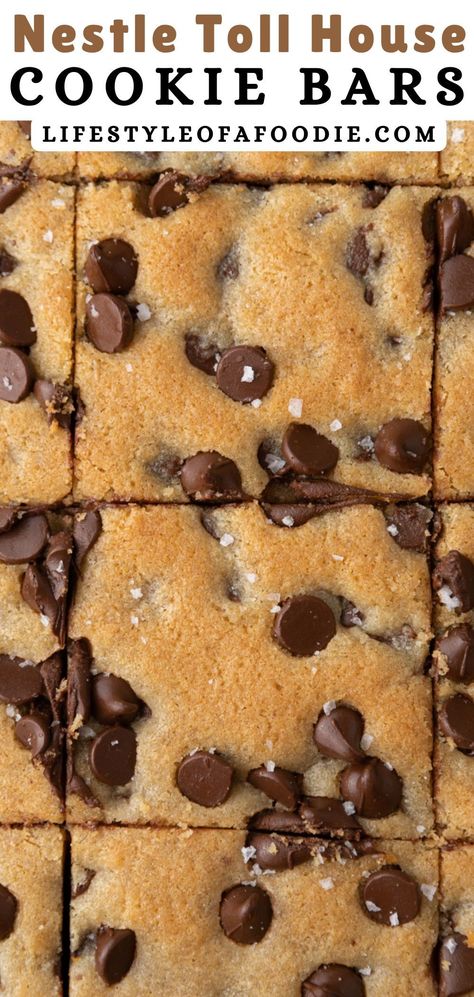 This Nestle Toll House cookie bar recipe is so simple yet so delicious you will not believe it can be made in no time. It makes soft and chewy chocolate chip cookie bars and doesn’t require you to waste too much time rolling individual cookies. With just a handful of simple ingredients you can have this easy recipe ready for your and your family to enjoy asap! Chocolate Chip Pan Cookies Toll House, Nestle Chocolate Chip Cookie Recipe Bars, 9 X 13 Chocolate Chip Cookie Bars, Choc Chip Bars Easy, Chocolate Chip Recipes Easy No Bake, Tollhouse Chocolate Chip Cookies Recipe, Nestle Chocolate Chip Cookie Bars, Chocolate Chip Cookies Bars 9x13, Vegan Chocolate Chip Cookie Bars