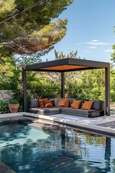 Modern Pool Gazebo Ideas for Stylish Backyards Small Pool Gazebo, Backyard Pool Gazebo, Outdoor Pool Pergola, Backyard Pool Cabana Ideas, Pool Gazebo Ideas, Backyard Pool Cabana, Pool Cabana Ideas, Pool Gazebo, Pergola Outdoor Living