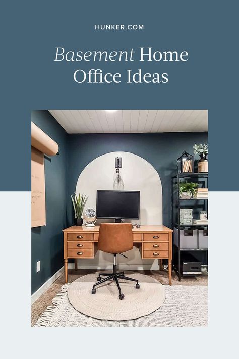 Whether you're working from home indefinitely or you just need a place to focus on personal projects, here are six home office ideas that will change the way you look at your basement. #hunkerhome #homeofficeideas #basementhomeoffice #homeoffice Basement Office Inspiration, Basement Home Offices, Home Office For Clients, Home Office Ideas Basement, Basement Office Remodel, Diy Basement Office, Office With No Windows Ideas Work Spaces, Basement Office And Family Room, Basement Office Design Ideas