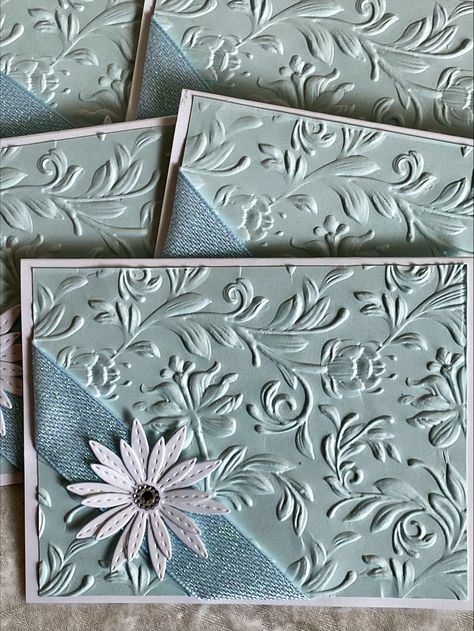 These are very elegant, pale blue 3D embossed notecards with a heavy weight white base.  The ribbon has a soft blue shimmery appearance with a white daisy in the middle.  In the middle of the daisy is a clear gemstone.  Very classy cards that can be used for many occasions.  Envelope flaps are also embossed ine the same pattern.  They come in a set of six cards in a plastic gift box with a tulle ribbon.  Perfect for a gift (hostess gift, Mother's Day gift, teacher gift, etc) or to use yourself! Zazzle.com Products, Embossing Folder Cards, Blue Cards, All Occasion Cards, Cards Simple, Daisy Cards, Bday Cards, Elegant Cards, Embossed Cards