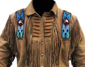 Native american clothing | Etsy Native American Cowboy, 1980s Jacket, Cowboy Jacket, Brindle Cowhide, Native American Clothing, Mens Leather Pants, Real Leather Bags, Suede Leather Jacket, Beads Work