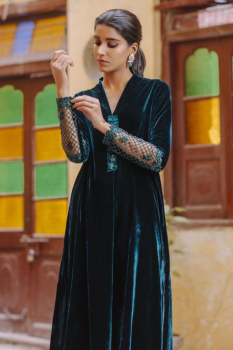 Green Velvet Shirt, Velvet Dress Designs, Cotton Outfit, Velvet Shirt, Stylish Dress Designs, Trouser Style, Silk Pants, Bottle Green, Crystal Stone