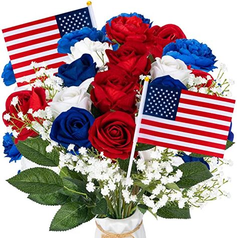 Flowers For Memorial, Final Wishes, Red White And Blue Flowers, Blue Flower Arrangements, Patriotic Wedding, Patriotic Centerpieces, Long Stem Flowers, Wooden Roses, White And Blue Flowers