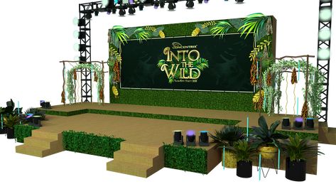 Tropical Stage Decor, Jungle Stage Design, Stage Set Up, Corporate Stage Design, Jungle Theme Decor, Stage Green, Nature Festival, Jungle Theme Decorations, Event Booth Design