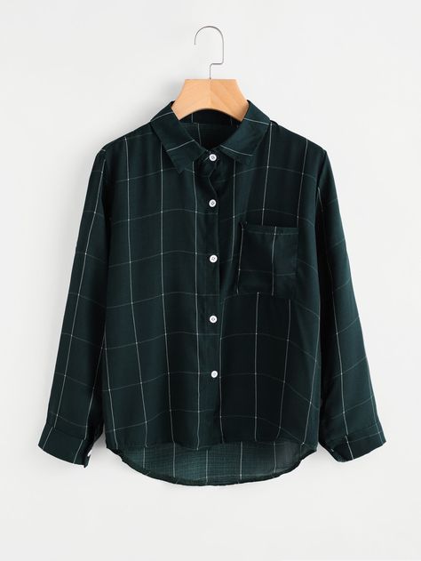 Checked Dip Hem Shirt With Chest Pocket -SheIn(Sheinside) Dip Hem Shirts, Hijab Stile, Casual Plaid Shirt, Green Shirts, Stile Hijab, Boho Chic Outfits, Ropa Diy, Plaid Blouse, Shirts Women