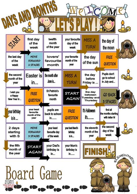 days and months - BOARD GAME worksheet - Free ESL printable worksheets made by teachers English Class Games, Esl Board Games, English Games For Kids, Esl Games, Class Games, Learning English For Kids, English Games, Speaking Activities, English Worksheets For Kids