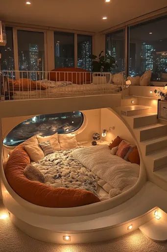 ↑↑↑ Larger size on website 🔸 The image shows a cozy and modern bedroom with a circular bed in a loft setting. The bed is surround Cozy Nest Bedroom, Round Bed For Kids, Fun Bed Ideas, Circle Mattress Round Beds, Round Bed Vintage, Floating Round Bed, In Ground Bed, Human Nest Bed, Warm Home Interior Design