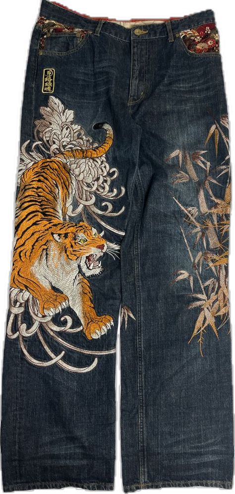 Tiger Jeans, Embroidery Japanese, Pattern Jeans, Tiger Embroidery, 00s Mode, Full Of Love, Cool Fits, Swaggy Outfits, Mode Inspo