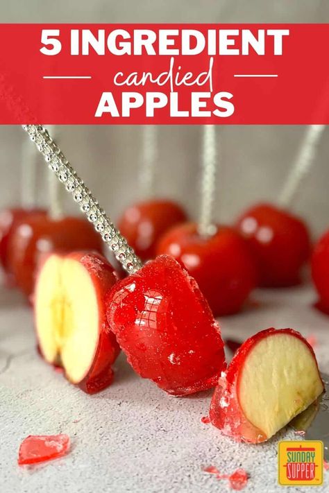 Learn how to add color and a satisfying crunch to your delicious, juicy apples with this easy recipe for Candied Apples. You won't believe how good these red candy apples taste! via @thesundaysupper How To Make Candy Apples Easy, Easy Candy Apple Slices Recipe, Red Candy Apple Slices, Candy Apple Slices Red, Candy Apple Wedges, How To Make Fancy Cupcakes, Sliced Candy Apples On A Stick, Candied Apple Slices Recipe, Toffee Apple Slices