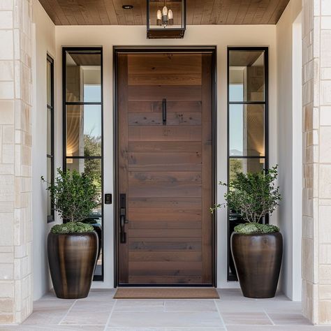 Inset Front Door Entrance, California Bungalow Front Door, Two Door Main Entrance, Modern Organic Front Door, Front Door With Side Lights And Transom, 8ft Front Door, Thermatru Front Door, Home Main Door Design, Front Door Aesthetic