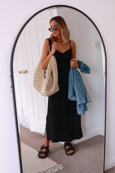 Casual Black Midi Dress Outfit, Midi Sundress Casual, Black Midi Dress Casual Outfit, Strappy Summer Dress, Midi Dress Summer Outfit, Casual Summer Dresses 2023, Black Midi Dress Outfit Summer, Midi Dress Casual Street Style, Midi Black Dress Outfit