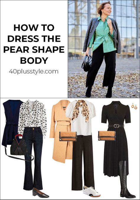 pear shaped body? Learn how to dress for the pear shape body type Elegant Outfit For Pear Shape, Pear Shaped Pants Outfits, Pear Office Outfits, Formals For Pear Shaped Women, Pear Shaped Professional Outfits, Pear Shape Street Style, Pear Shape Office Outfit, Petite Pear Shape Capsule Wardrobe, Pear Shaped Business Outfits