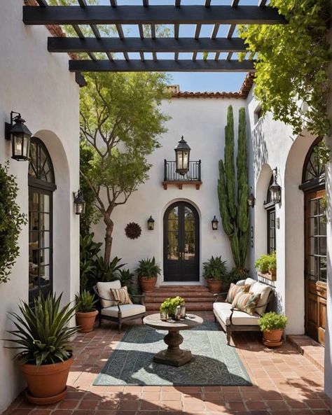 20 Modern Patio Design Ideas – ToolzView Modern Spanish Patio Outdoor Living, Front Porch Courtyard, Modern Spanish Courtyard, Spanish Villa Courtyard, Spanish Home Landscaping, Entry Courtyard Ideas, European Front Porch, Spanish Outdoor Patio, Luxury Patio Design