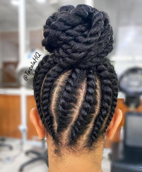 Natural Hair Loving on Instagram: “I love a good flat twisted look 📸⁠@tasalahq” Flat Twist Bun, Bun Hairstyles For Black Women, High Bun Updo, Classy Bun, Updo Hairstyles For Black Women, Braided Bun Styles, Black Hair Bun, Bun With Curls, Pompadour Style