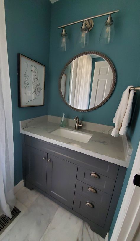 Agean Teal Bathroom, Teal Bathroom Cabinets, Teal Powder Room, Benjamin Moore Aegean Teal, Dark Teal Bathroom, Teal Vanity, Benjamin Moore Kendall Charcoal, Teal And Gray Bathroom, Teal And Grey Bathroom