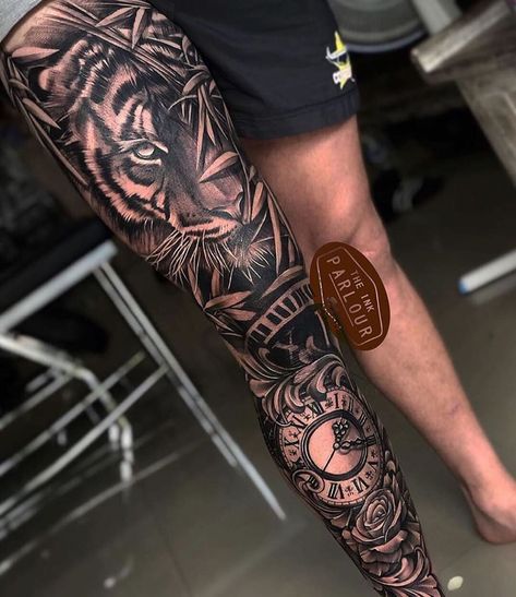 Thigh Sleeve Tattoo, Upper Leg Tattoos, Tattoo Bras Homme, Tato Suku, Tato Tradisional, Tato Paha, Tiger Tattoo Sleeve, Best Leg Tattoos, Full Leg Tattoos