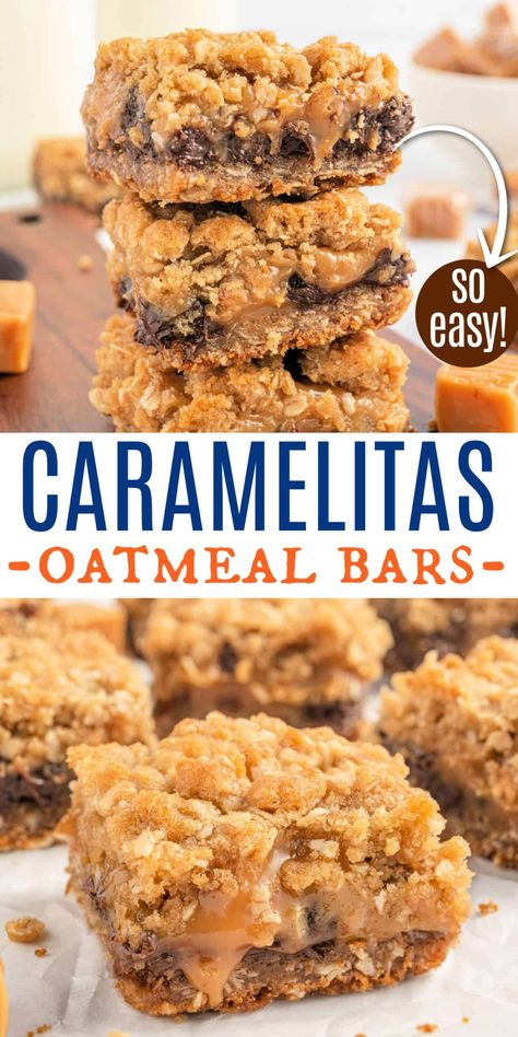 Caramelitas are a seriously scrumptious cookie bar recipe made with oats and a decadent layer of caramel and chocolate inside. These unforgettable cookie bars are easy to make and freezer-friendly. Carmel Bars Desserts, Coffee Recipe Healthy, Blondies Brownies, Vanilla Ice Cream Recipe, Oatmeal Cream Pies, Shugary Sweets, Salted Caramel Brownies, Bars And Cookies, Best Baking Recipes