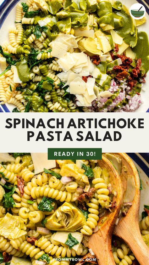 This Spinach & Artichoke Pasta Salad tosses spinach, artichokes, and sun-dried tomatoes in a basil-infused vinaigrette for a vibrant summer meal you can enjoy on its own or as a flavorful side dish. Vegan, Gluten-Free Option. Pasta Salad With Basil, Artichoke Salad Recipes, Artichoke Pasta Salad, Pasta Salad With Spinach, Spinach Artichoke Pasta, Artichoke Salad, Vegan Pasta Salad, Basil Vinaigrette, Artichoke Pasta