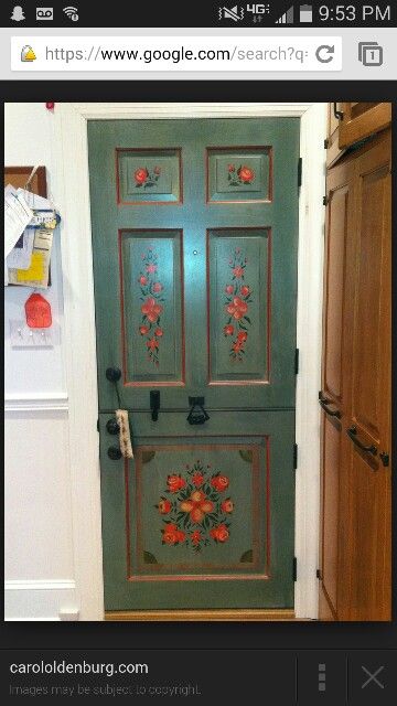 Dutch door design Bedroom Door Design Paint, Scandinavian Folk Art Door, Painted Indoor Doors Ideas, Floral Painted Front Door, Antique Dutch Door, Flowers Painted On Door, Hand Painted Door Frame, Folk Art Painted Door, Folk Painted Door