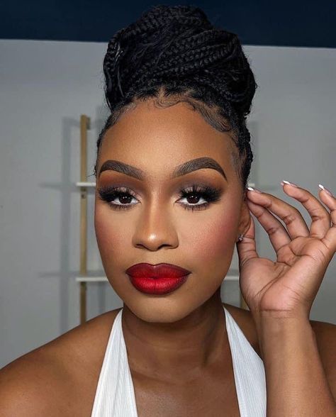 Bride Red Lipstick Bridal Makeup, Red Lip Makeup Look Black Women, Red Lipstick Makeup Black Women, Red Lipstick Black Women, Grad Makeup, Black Bridal Makeup, Red Makeup Looks, Red Lips Makeup Look, Maquillage On Fleek