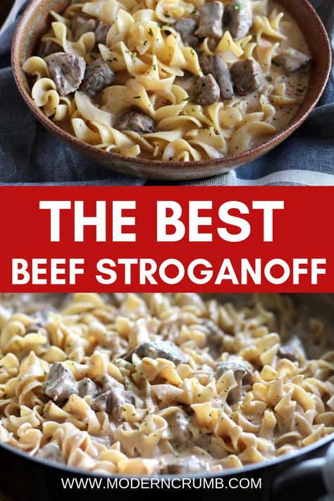 This is the best beef stroganoff! It is full of flavor, creamy and has super tender beef. Beef Stroganoff | Easy and Delicious Family Friendly Recipes | Arizona | Modern Crumb #dinner #beefrecipes #beefstroganoff #pasta #onepandinners Crock Pot Stroganoff, Lasagne Roll Ups, Stroganoff Beef, Homemade Beef Stroganoff, Best Beef Stroganoff, Seasoned Sour Cream, Beef Stroganoff Crockpot, Crumb Recipe, Beef Stroganoff Recipe