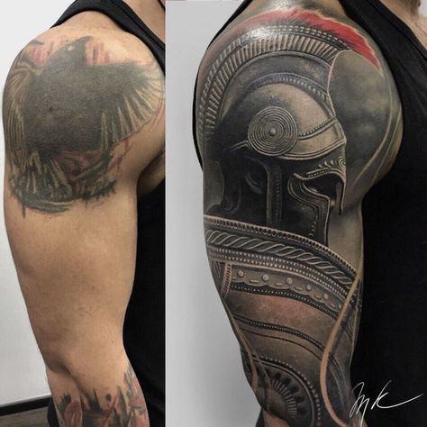 Tattoo Knight, Tattoo Sleeve Cover Up, Arm Cover Up Tattoos, Cover Up Tattoos For Men, Gladiator Tattoo, Mangas Tattoo, Best Cover Up Tattoos, Black Tattoo Cover Up, Spartan Tattoo