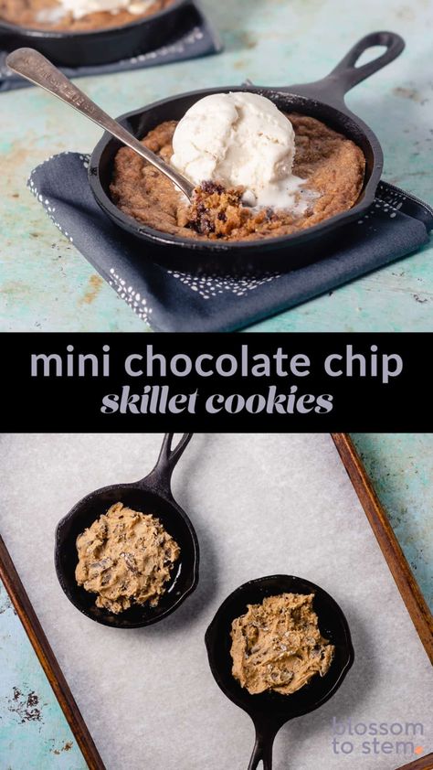 Mini Skillet Cookies. Soft, melty chocolate chip cookies baked in mini cast iron skillets. Perfect for one or two (or many)! Mini Skillet Cookie, Skillet Recipes Dessert, Cast Iron Cookie, Cast Iron Skillet Cookie, Skillet Dessert, Nestle Cookies, Pizookie Recipe, Cast Iron Skillet Recipes Dinner, Aip Foods