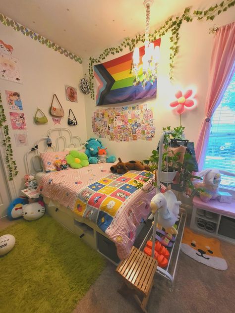 Kidcore Dorm Room, Pride Flag In Room Aesthetic, Colourful Dorm Room, Childish Room Aesthetic, Pride Flag Room Decor, Pride Room Aesthetic, Kidcore Bedroom Aesthetic, Dorm Room Anime, Kidcore Bedroom Ideas