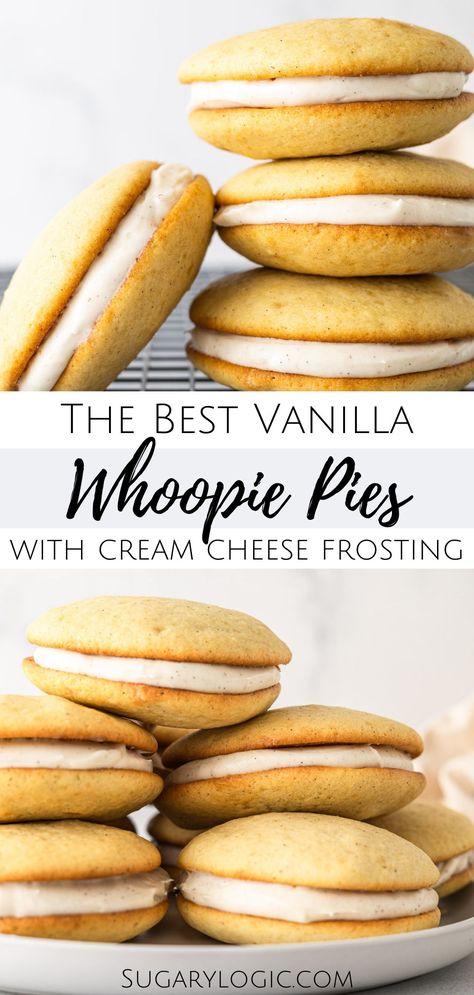 Transport yourself back to simpler times with this delicious twist on the classic whoopie pie. With a fluffy cake-like vanilla cookie and luscious cream cheese frosting, each bite is sweet perfection. Great for birthday parties or any time a sweet treat is in order, these cookie sandwiches will surely be a hit with friends and family. White Whoopie Pies, Whoppie Pies Vanilla, Vanilla Sandwich Cookie Recipes, Cream Cheese Whoopie Pie Filling, Peach Whoopie Pies, Vanilla Sandwich Cookies, Easy Whoopie Pie Recipe, Sourdough Whoopie Pies, Pumpkin Whoopie Pies With Cream Cheese