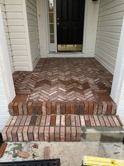 DIY Brick Pavers - Door Steps Ideas Entrance, Brick Porch Ideas, Porch Steps With Landing, Porch Steps With Railing, Diy Brick Pavers, Steps With Railing, Porch Steps Ideas, Pavers Over Concrete, Brick Porch