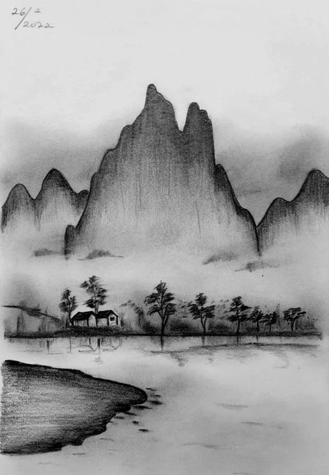 Charcoal Sketches, Easy Eye Drawing, Easy Scenery Drawing, Waldorf Art, Pencil Sketches Easy, Landscape Pencil Drawings, Hiking Tattoo, Mountain Drawing, Drawing Tutorial Face