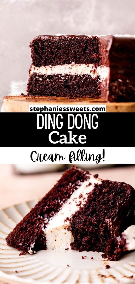 This homemade Ding Dong is a 6-inch cake with moist chocolate cake layers, a cream center, and chocolate ganache on top. It is everything great about Ding Dongs, but even better! Ding Dong Cake, Ding Dongs, Homemade Chocolate Cake, Torte Cupcake, Holiday Dessert Recipes, Chocolate Layer Cake, Homemade Cake, Cream Filling, Homemade Cake Recipes