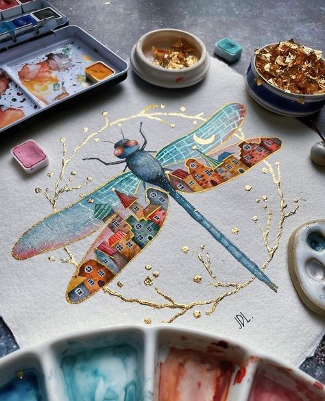 Dragonfly Art, Watercolor Ideas, Watercolor Flower Art, Watercolor Art Lessons, Watercolor Inspiration, Beautiful Drawings, Watercolor Techniques, Diy Art Painting, Painting Tutorial