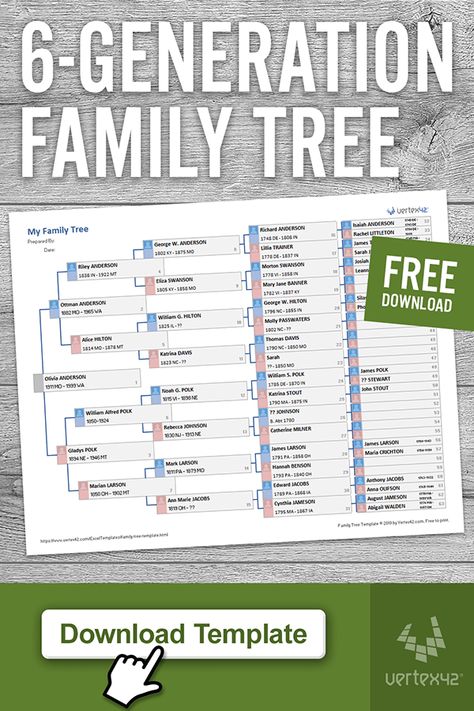 Download a free printable Family Tree Template for Excel or Google Sheets that shows 6 generations on a single page. This is great for genealogy projects. It was inspired by the family tree view on ancestry.com and familysearch.org, and makes efficient use of the space on the left of the page. Design by Vertex42.com. Printable Family Tree Template, Family Tree Forms, Printable Family Tree, Blank Family Tree Template, Genealogy Templates, Free Family Tree Template, Family Tree Book, Blank Family Tree, Family Tree Worksheet