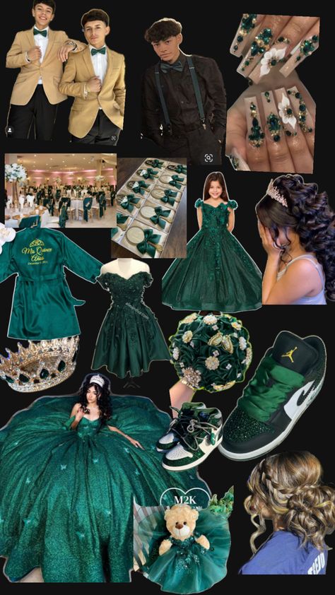 Emerald Green 15 Dress, Quince Ideas Themes, Emerald Green Quinceanera Theme, Green Quinceanera Theme, Quinceanera Theme, Green Quinceanera, Quinceanera Bouquet, Quinceanera Themes Dresses, Quince Invitations