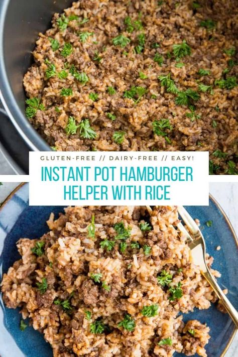 Instant Pot Hamburger Helper with Rice - gluten-free, dairy-free, healthy version of the classic recipe. A delicious comforting and healthy dinner recipe #glutenfree #dairyfree #dinnerrecipe #beef #instantpot #pressurecooker Hamburger Helper With Rice, Rice Instant Pot Recipes, Instant Pot Hamburger Helper, Hamburger And Rice Recipes, Instant Pot Recipes Healthy Family, Instant Pot Recipes Healthy, Gluten Free Hamburger, Rice Instant Pot, Instapot Meals